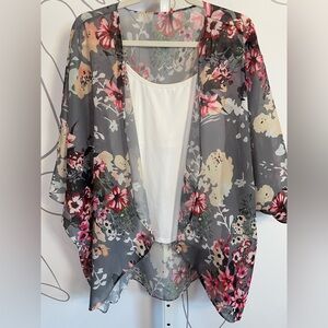 Floral Sheer Kimono Cardigan - Gray with Pink Floral
